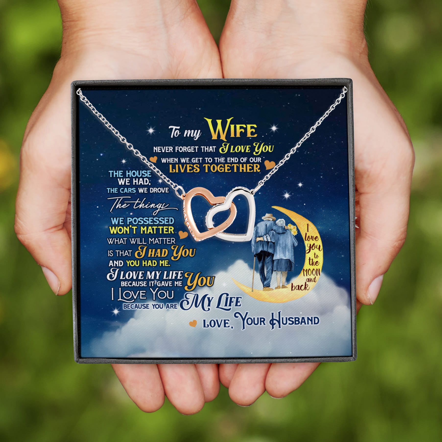 1VT. To My Wife Never Forget Moon Message Card Interlocking Hearts Necklace