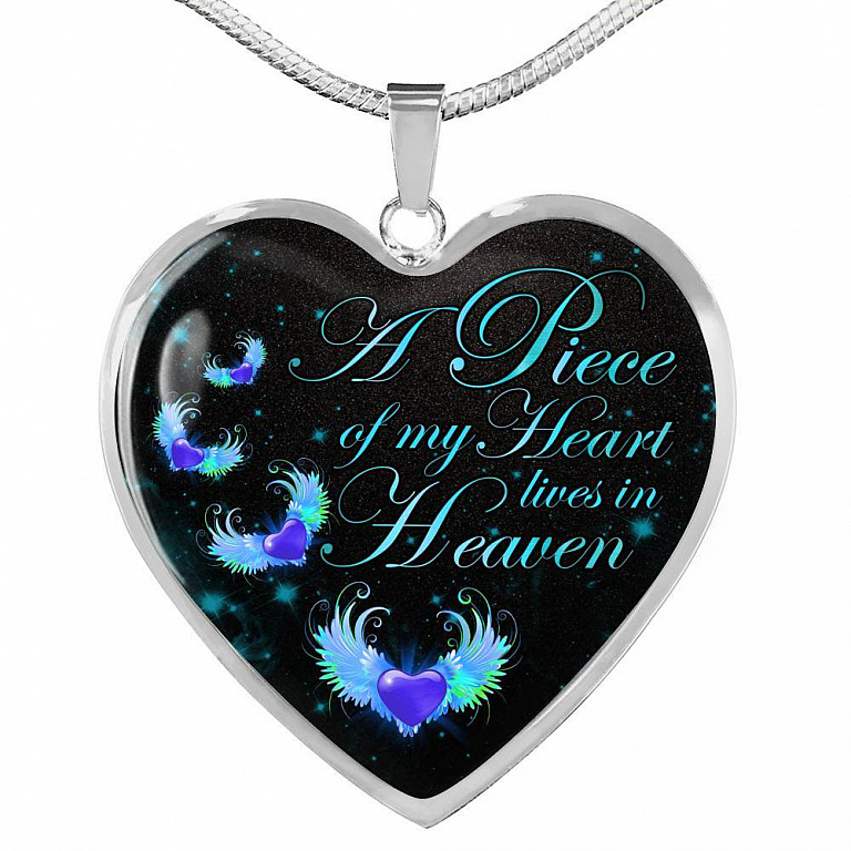 Angel Wings Heart a Piece of My Heart Lives in Heaven Heart Pendant Necklace - Heart Luxury Necklace (Silver)