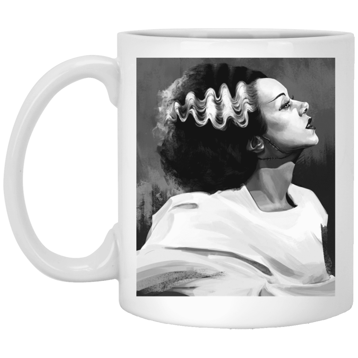 The Bride of Frankenstein Vintage Horror Characters Movie Ceramic Coffee Mug - Water Bottle, White, 11 oz. White Mug The Bride of Frankenstein Vintage Horror Characters Movie Ceramic Coffee Mug - Water Bottle, White, 11 oz. White Mug
