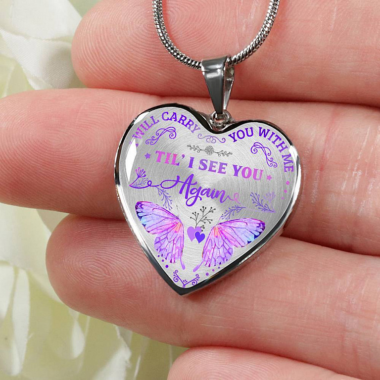 Butterfly I Will Carry You with Me Til' I See You Again Heart Pendant Necklace - Heart Luxury Necklace (Silver)