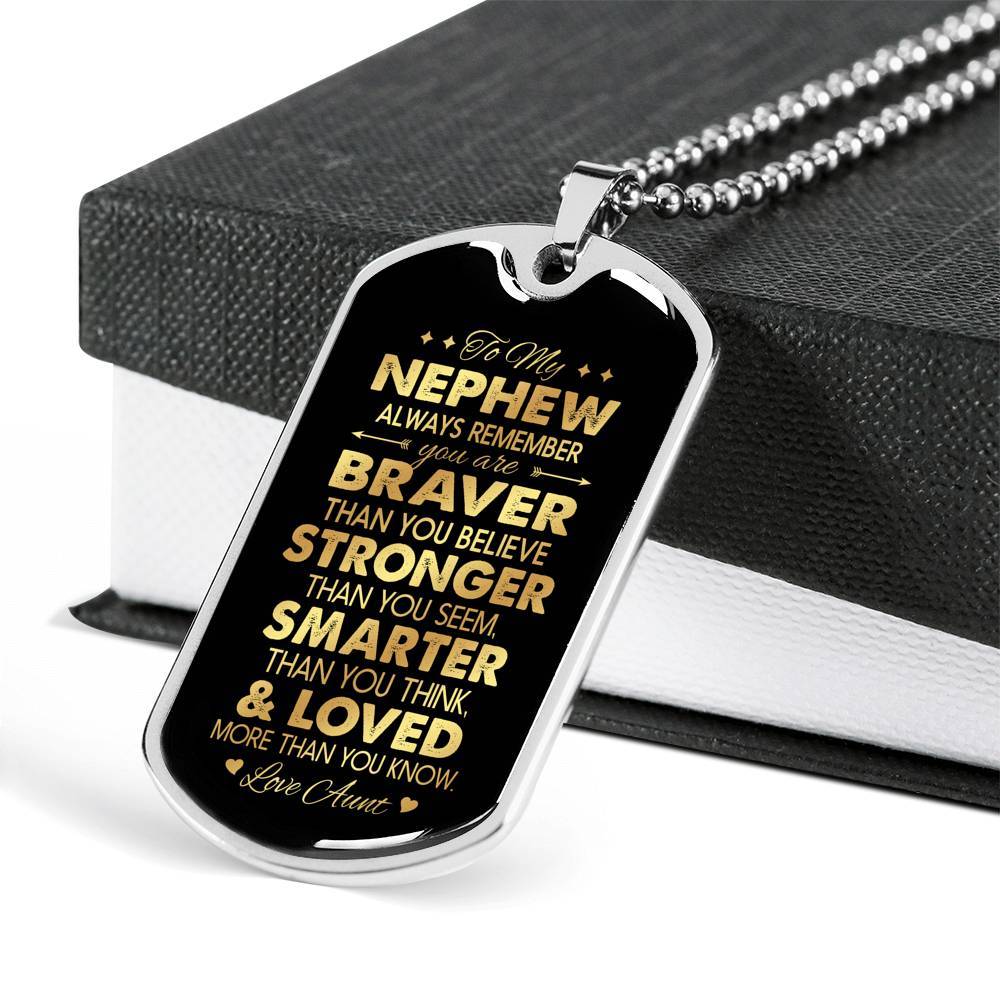 Aunt To My Nephew Always Remember You Are Braver Than You Believe Love Aunt Dog Tag Pendant Necklace - Dog Tag (Silver)