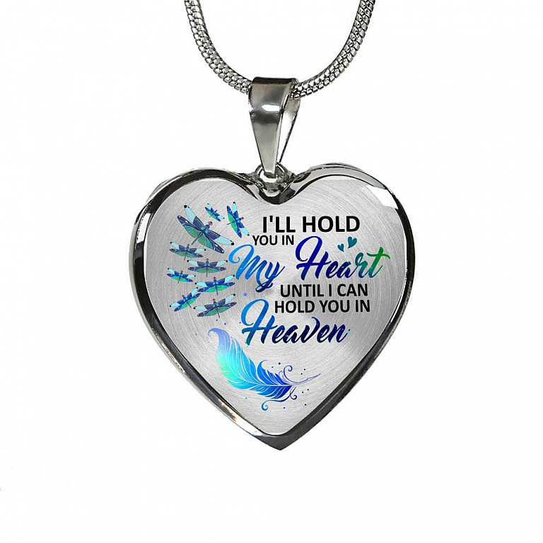 Dragonfly I'll Hold You in My Heart Until I Can Hold You in Heaven Memorial Gift - Heart Pendant Necklace - Heart Luxury Necklace (Silver)