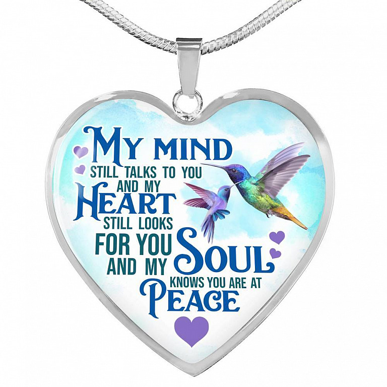 My Mind Still Talks To You But My Soul Know You Are At Peace Hummingbird Luxury Heart Pendant Necklace - Heart Luxury Necklace (Silver)