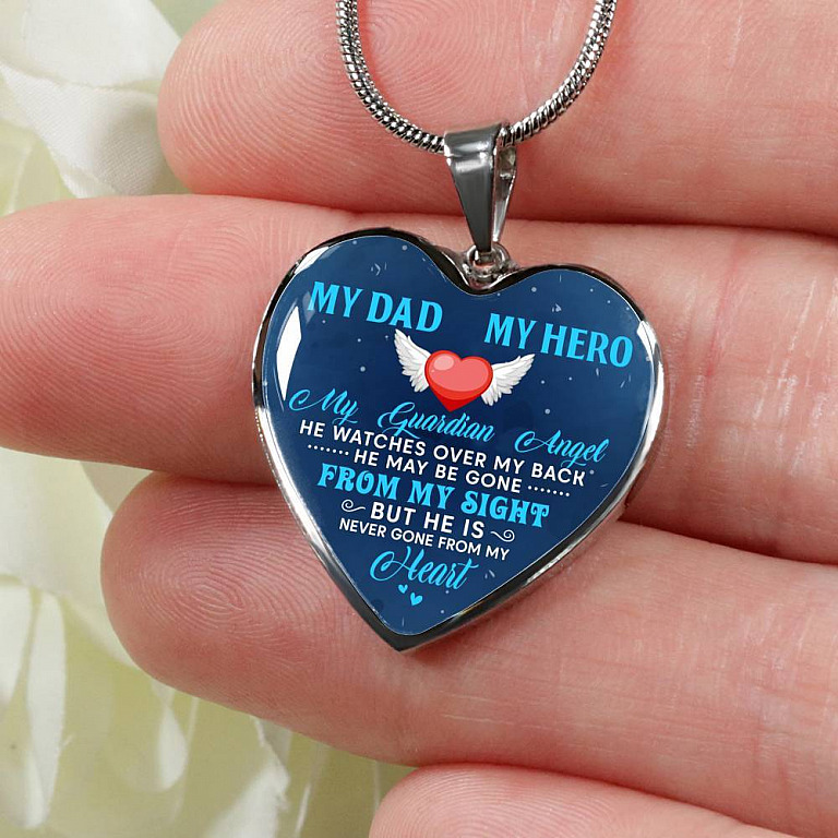 My Dad My Hero My Guardian Angel He Watches Over My Back Heart Pendant Necklace - Heart Luxury Necklace (Silver)