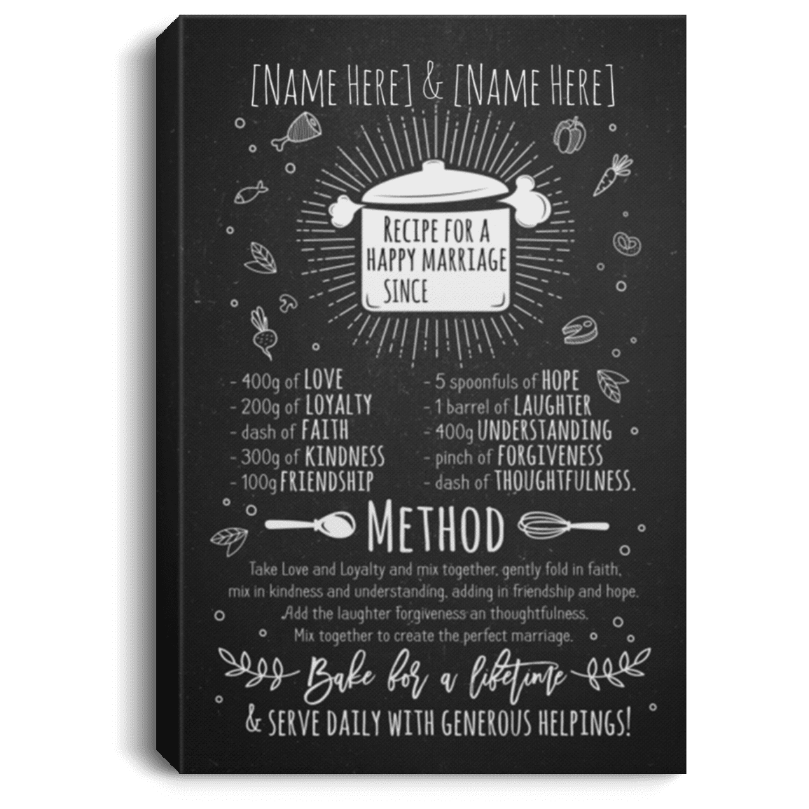 Personalized Recipe for a Happy Marriage Gallery Wrapped Framed Canvas Prints - Home Decor Wall Art - Newlywed Gifts Funny, White, 0.75'' Framed Canvas