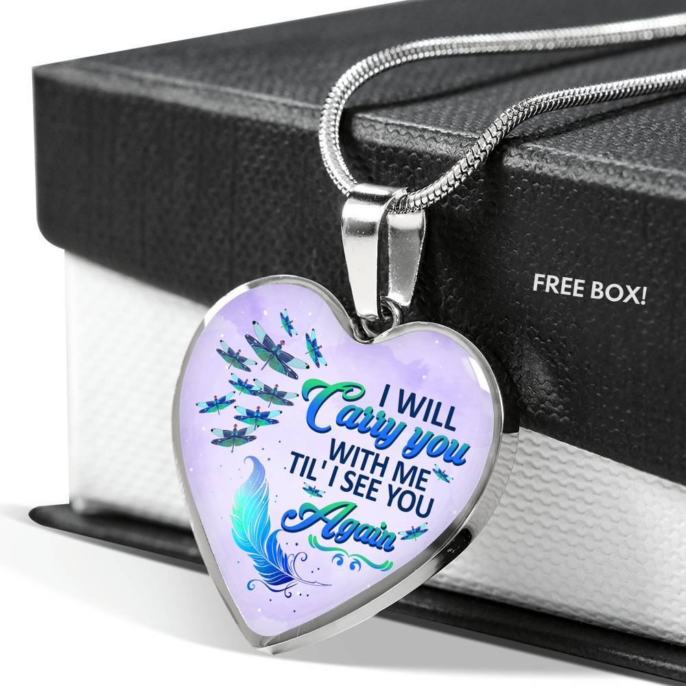 I Will Carry You With Me Til' I See You Again Dragonfly Memorial Heart Pendant Necklace - Heart Luxury Necklace (Silver)