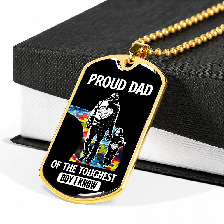Proud Dad of the Toughest Boy I Know Autism Awareness Dog Tag Pendant Necklace - Dog Tag (Gold Plated)