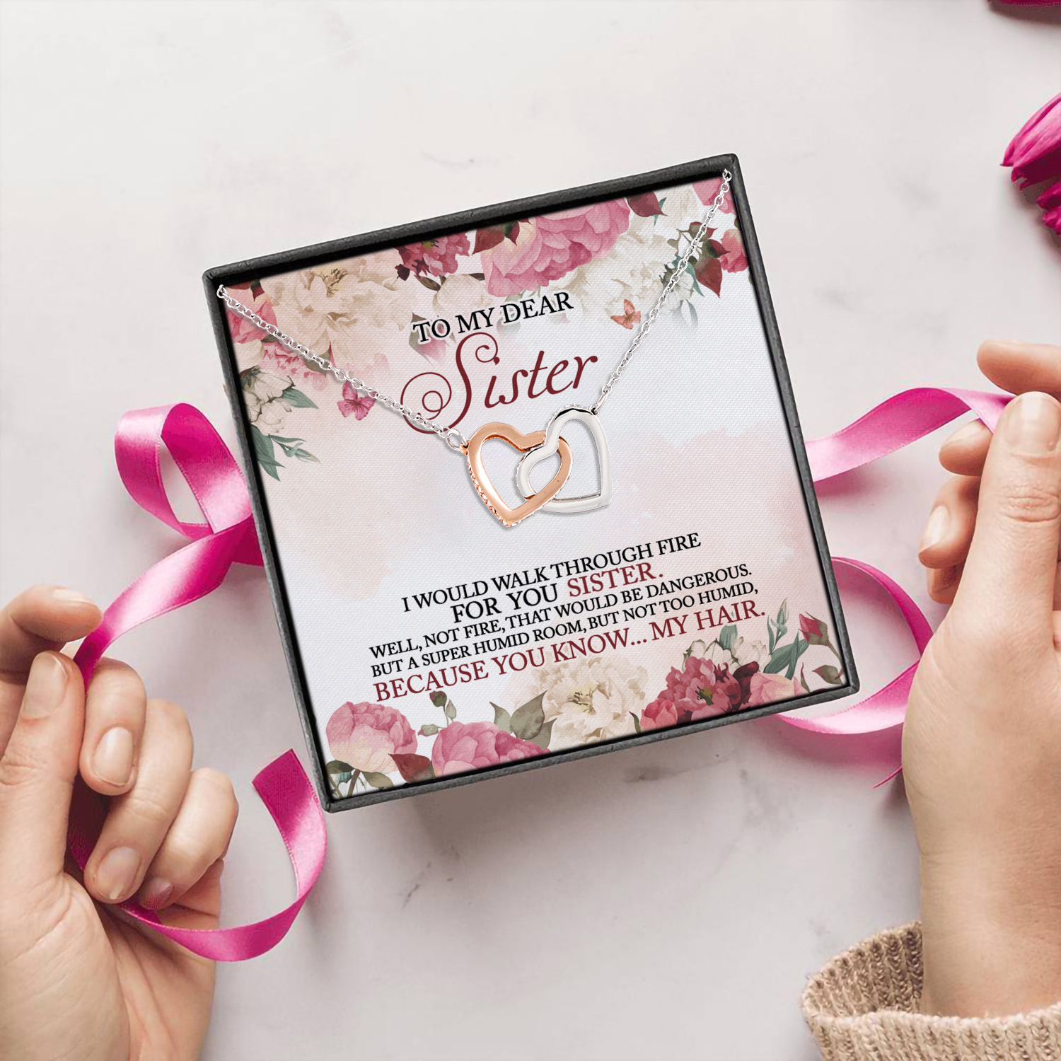 2N.Walk Through Fire For You-Sister-Message Card Interlocking Hearts Necklace 5