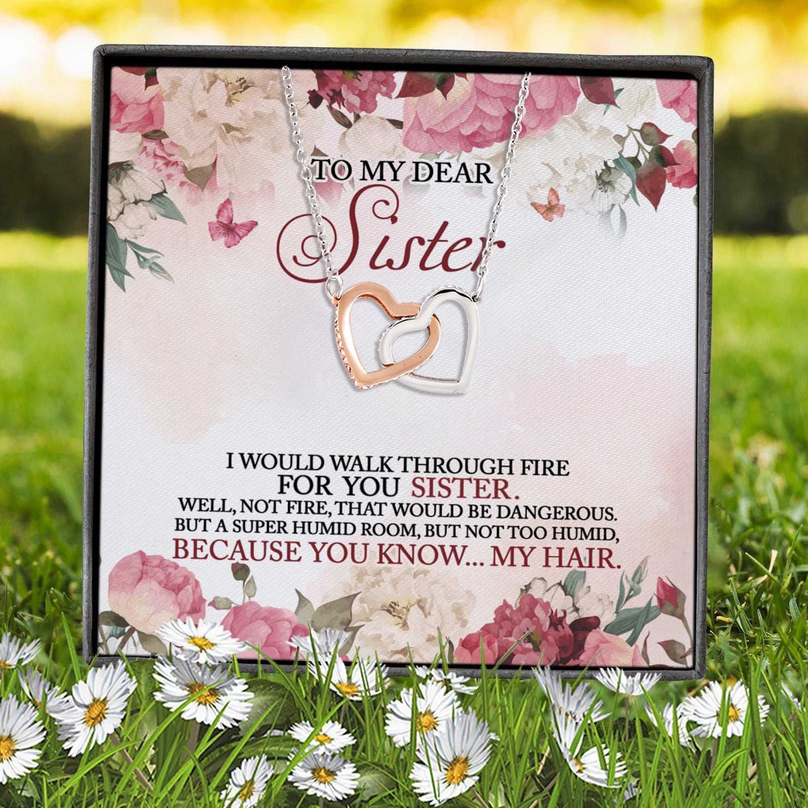 2N.Walk Through Fire For You-Sister-Message Card Interlocking Hearts Necklace 7