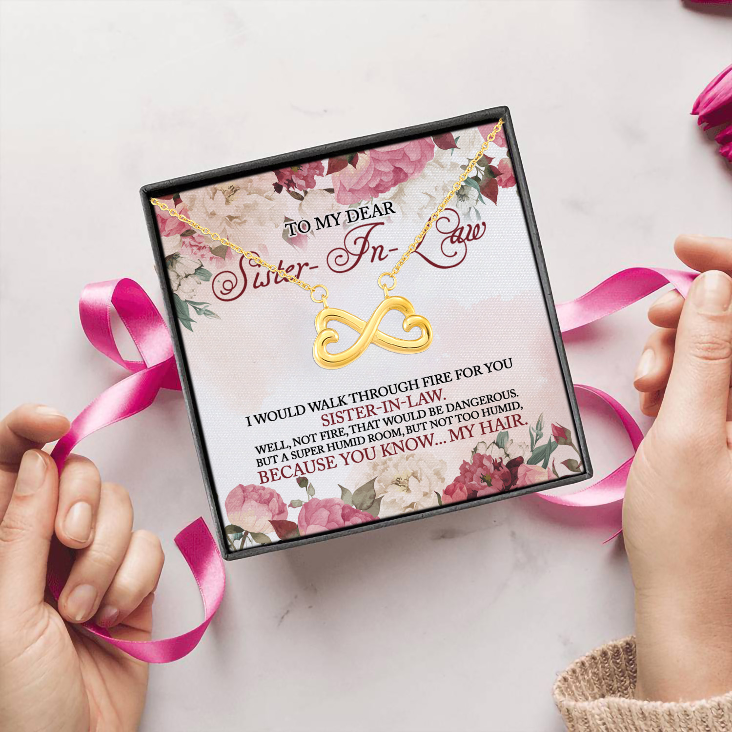 2N.Walk Through Fire For You-Sister In Law-Message Card Infinity Heart Necklace (Gold) 5