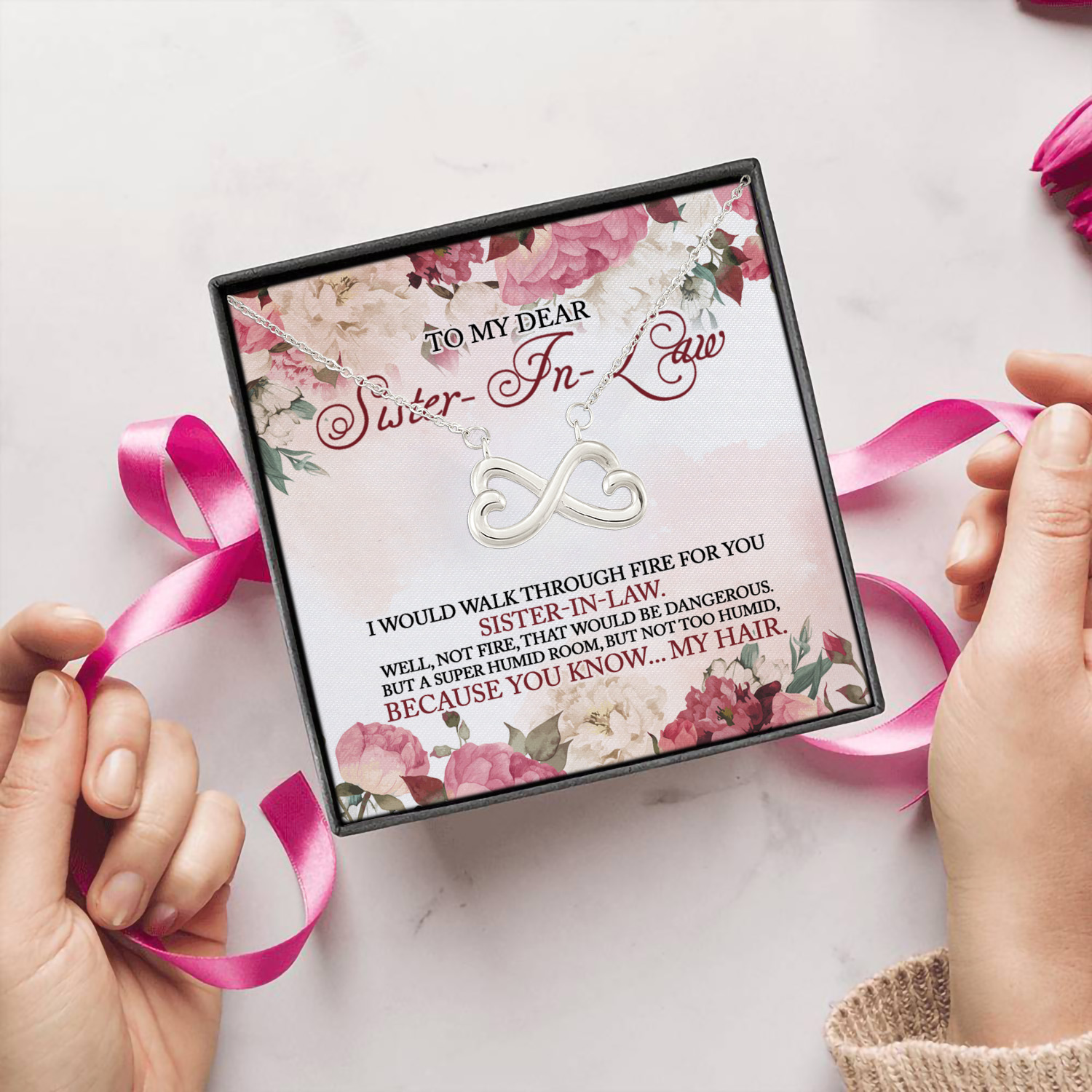 2N.Walk Through Fire For You-Sister In Law-Message Card Infinity Heart Necklace (Silver) 5