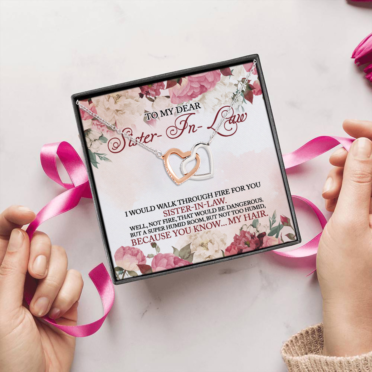 2N.Walk Through Fire For You-Sister In Law-Message Card Interlocking Hearts Necklace 5