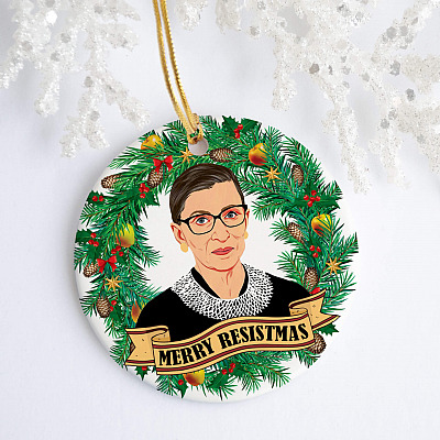Alternative view of Merry Resistmas Ruth Bader Ginsburg Christmas Ornament - Notorious RBG Flat Circle Ornament