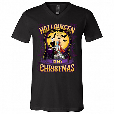 Halloween Is My Christmas Jack And Sally Nightmare T-shirt - V-neck - Halloween Jack-Skellington Shirt, Black, V-Neck T-Shirt