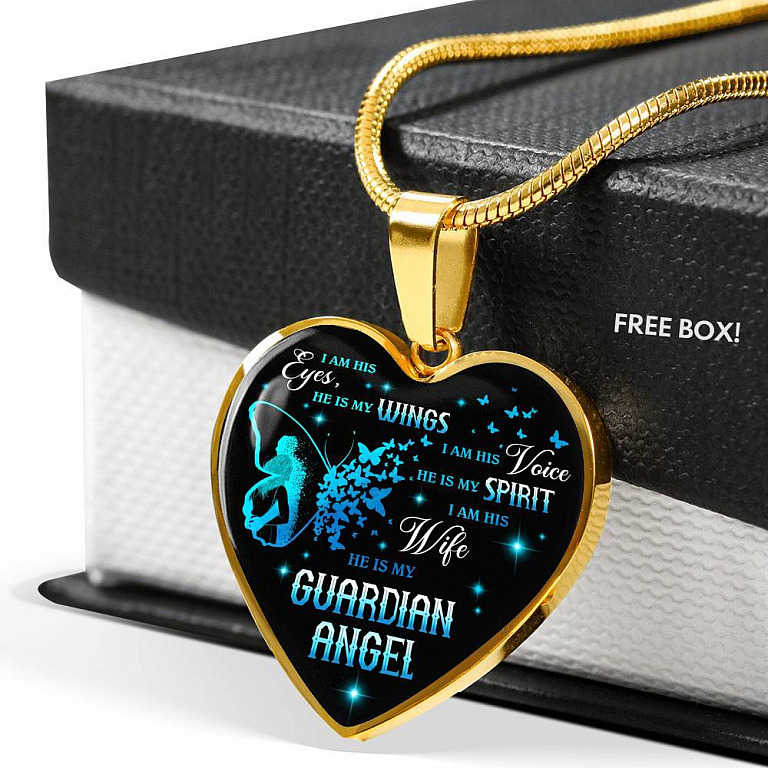 I Am His Eyes He Is My Wings I Am His Wife He Is My Guardian Angel Loss Of Husband Heart Pendant Necklace - Heart Luxury Necklace (Gold Plated)