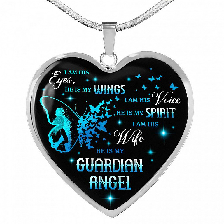 I Am His Eyes He Is My Wings I Am His Wife He Is My Guardian Angel Loss Of Husband Heart Pendant Necklace - Heart Luxury Necklace (Silver)