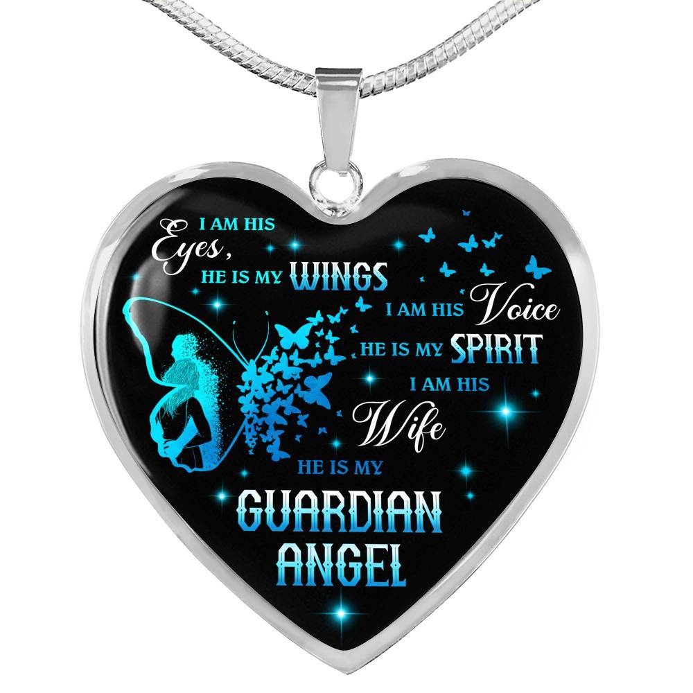 I Am His Eyes He Is My Wings I Am His Wife He Is My Guardian Angel Loss Of Husband Heart Pendant Necklace - Heart Luxury Necklace (Silver)