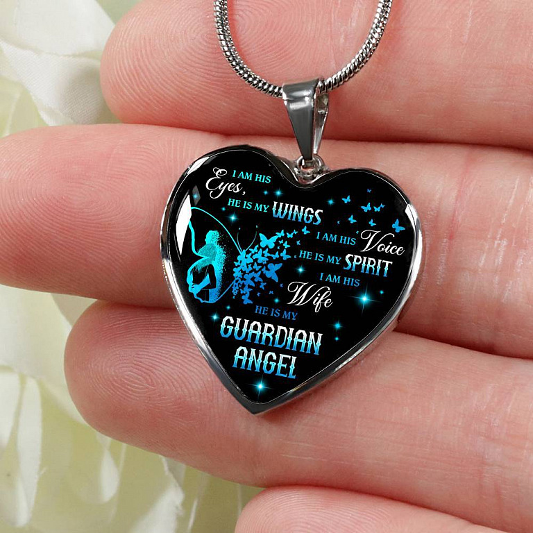 I Am His Eyes He Is My Wings I Am His Wife He Is My Guardian Angel Loss Of Husband Heart Pendant Necklace - Heart Luxury Necklace (Silver)