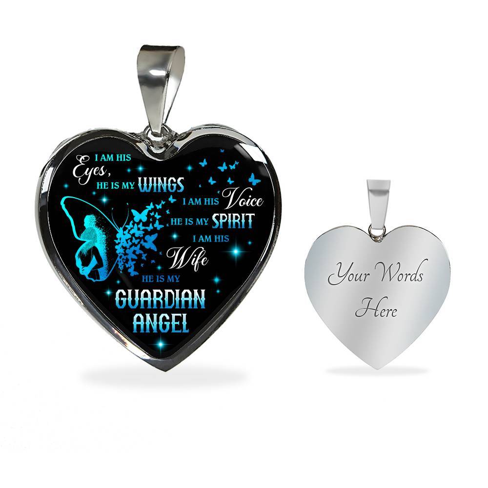 I Am His Eyes He Is My Wings I Am His Wife He Is My Guardian Angel Loss Of Husband Heart Pendant Necklace - Heart Luxury Necklace (Silver)