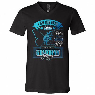I Am His Eyes He Is My Wings I Am His Wife He Is My Guardian Angel Loss Of Husband T-Shirt - V-Neck Shirt, Black, V-Neck T-Shirt