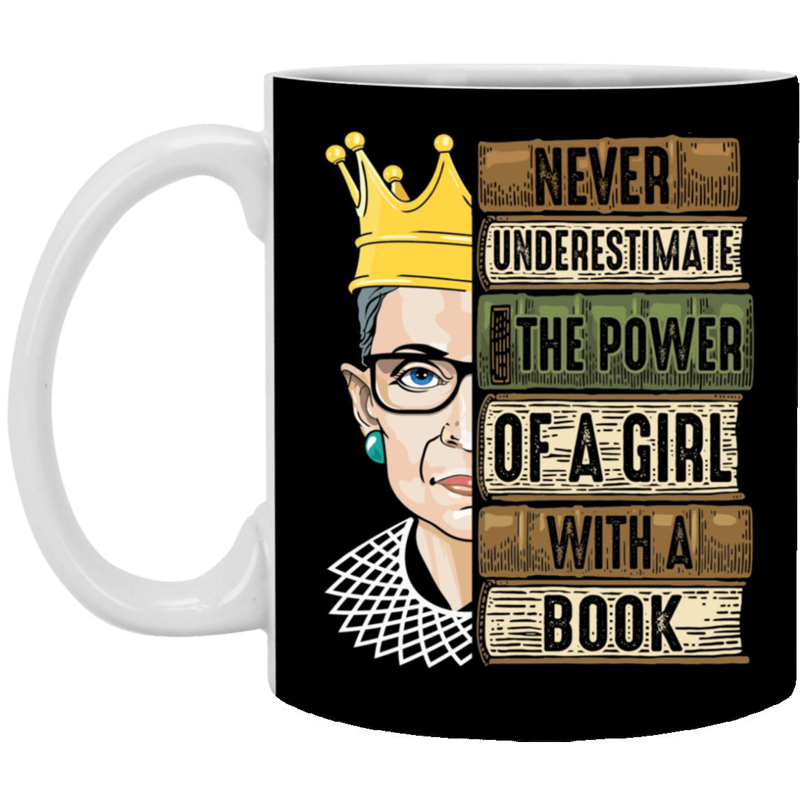 Never Underestimate The Power Of A Girl With A Book RBG Ceramic Coffee Mug - Beer Stein - Water Bottle, Black, 11 oz. White Mug Never Underestimate The Power Of A Girl With A Book RBG Ceramic Coffee Mug - Beer Stein - Water Bottle, Black, 11 oz. White Mug