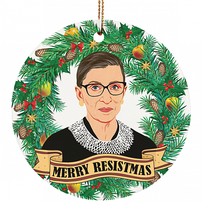Merry Resistmas Ruth Bader Ginsburg Christmas Ornament - Notorious RBG Flat Circle Porcelain Ceramic Ornament, White, Ceramic Circle Ornament