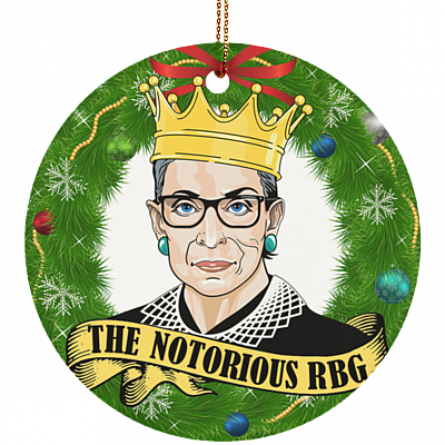 The Notorious RBG Christmas Ornament Green Wreath Ruth Bader Ginsburg Flat Circle Porcelain Ceramic Ornament, White, Ceramic Circle Ornament