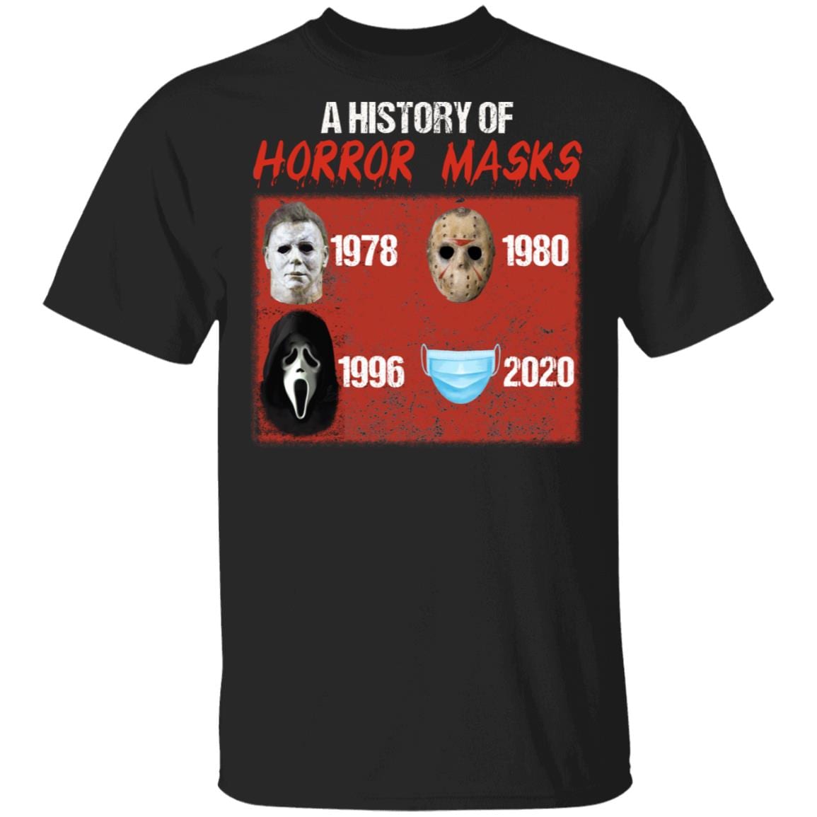 A History Of Horror Masks 1978 1980 1996 2020 T-Shirt - Funny Horror Halloween Shirt, Black, Unisex T-Shirt