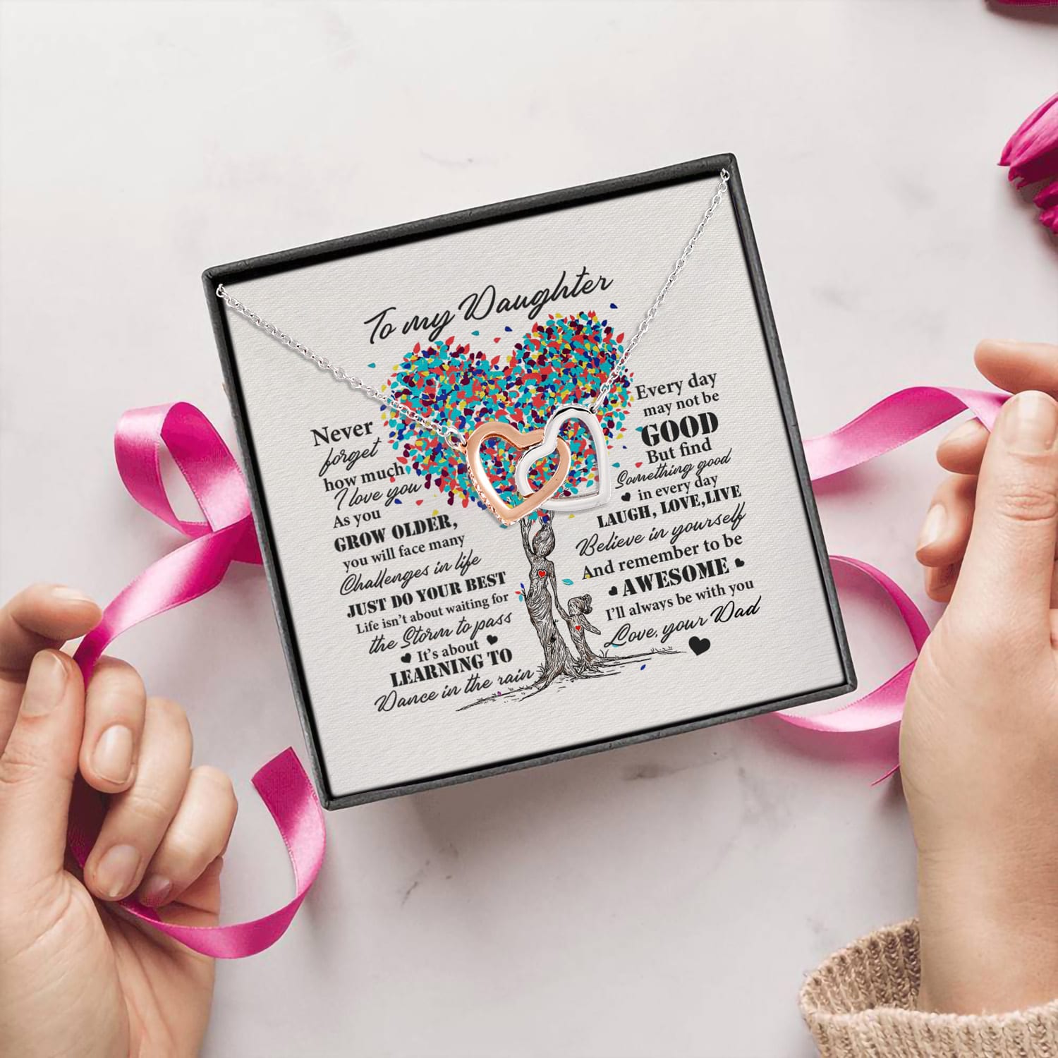 5.To My Daughter Message Card Dad Interlocking Hearts Necklace 5