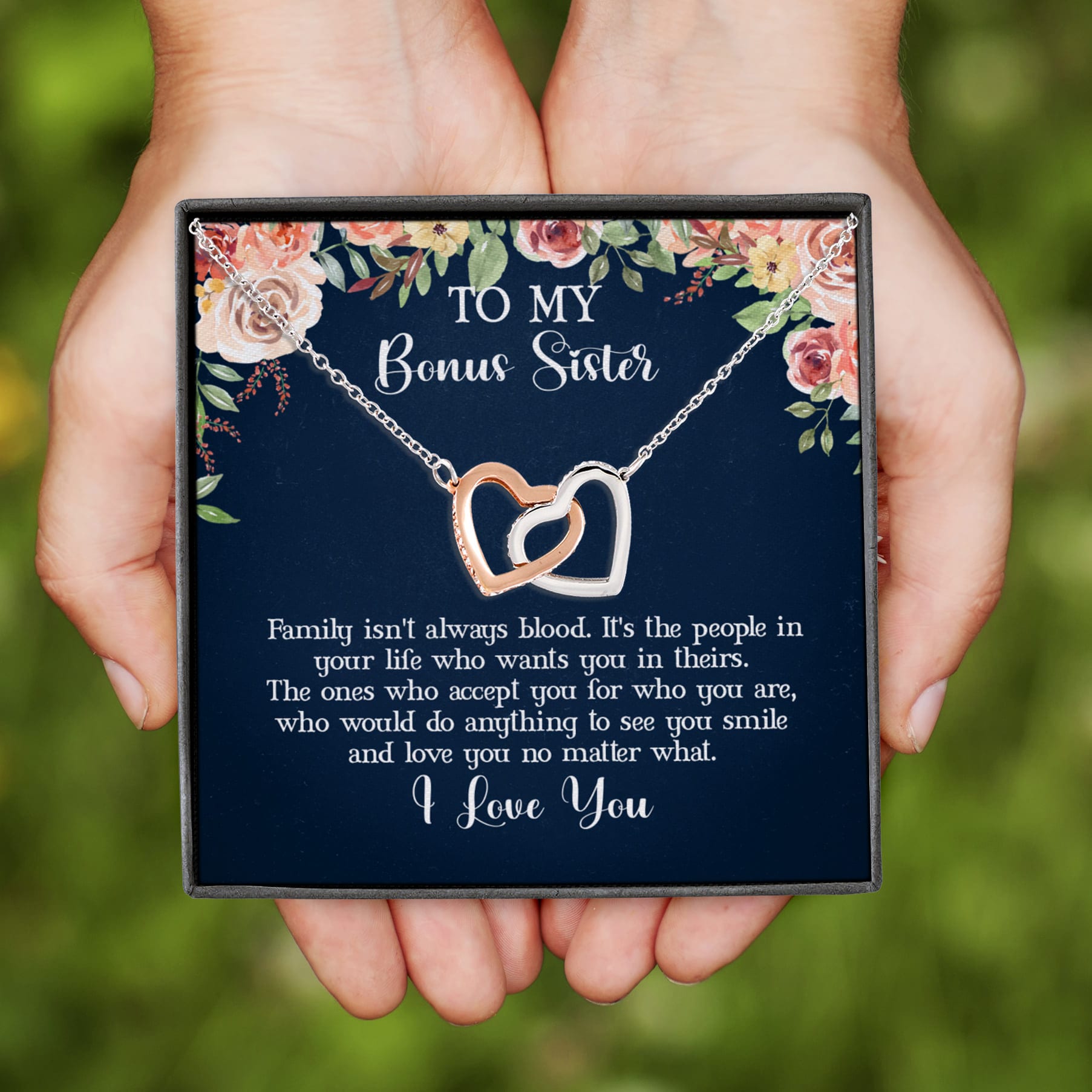 2VT. Bonus Sister Message Card Interlocking Hearts Necklace