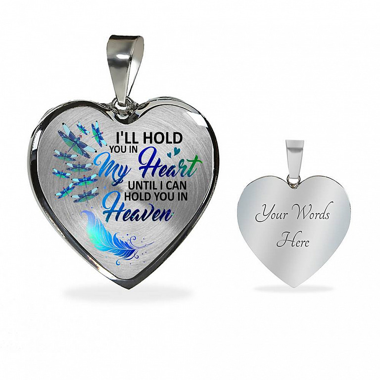Dragonfly I'll Hold You in My Heart Until I Can Hold You in Heaven Memorial Gift - Heart Pendant Necklace - Heart Luxury Necklace (Silver)