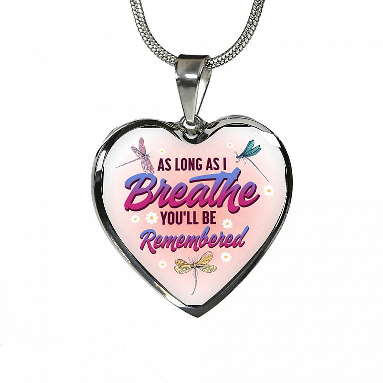 Dragonfly as Long as I Breathe You'll Be Remembered Heart Pendant Necklace - Heart Luxury Necklace (Silver)