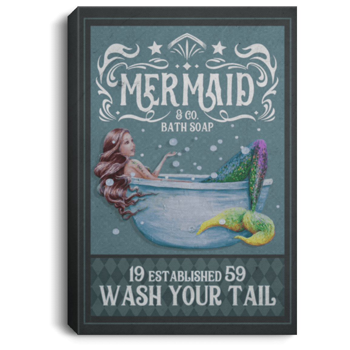 Mermaid Co Bath Soap Wash Your Tail Funny, White, 0.75'' Framed Canvas