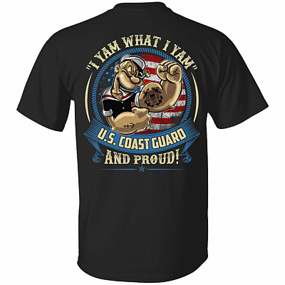 I Yam What I Yam U.S. Coast Guard Funny Print on Back - Plain Front T-Shirt - V-Neck, Black, Unisex T-Shirt
