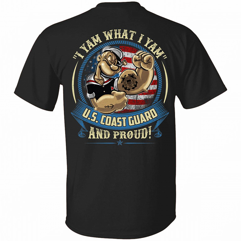 I Yam What I Yam U.S. Coast Guard Funny Print on Back - Plain Front T-Shirt - V-Neck, Black, Unisex T-Shirt