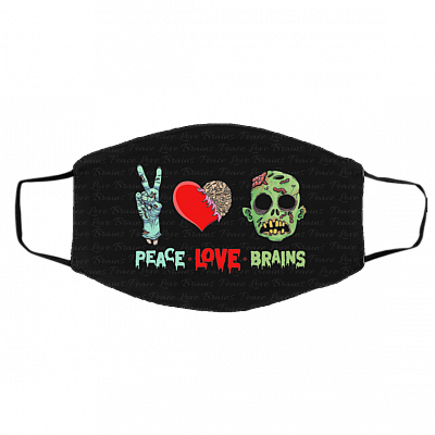 Peace Love Brains Funny Zombie Halloween Washable Reusable Custom - Printed Cloth Face Mask Cover, Black, Cloth Face Cover – Medium/Large