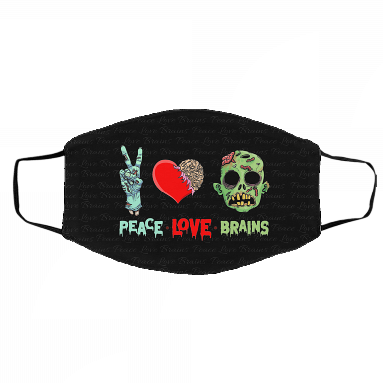 Peace Love Brains Funny Zombie Halloween Washable Reusable Custom - Printed Cloth Face Mask Cover, Black, Cloth Face Cover – Medium/Large