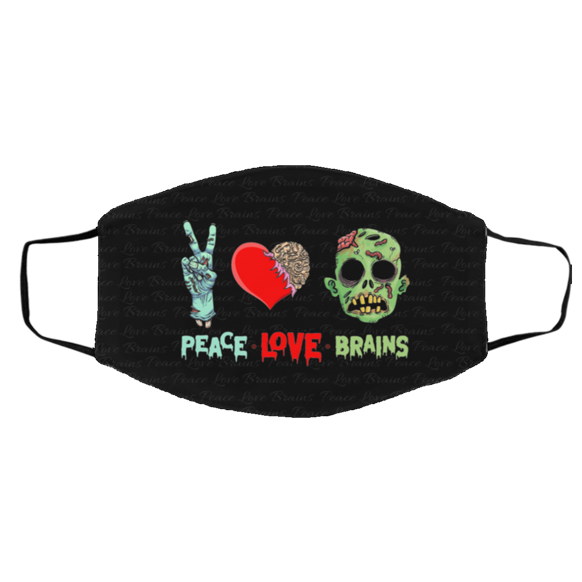 Peace Love Brains Funny Zombie Halloween Washable Reusable Custom - Printed Cloth Face Mask Cover, Black, Cloth Face Cover – Medium/Large Peace Love Brains Funny Zombie Halloween Washable Reusable Custom - Printed Cloth Face Mask Cover, Black, Cloth Face Cover – Medium/Large