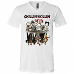 Chillin' And Killin' Horror Movie Characters Halloween T-shirt - V-neck - Chibi Horror Squad Shirt, White, V-Neck T-Shirt