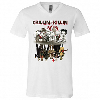 Chillin' And Killin' Horror Movie Characters Halloween T-shirt - V-neck - Chibi Horror Squad Shirt, White, V-Neck T-Shirt