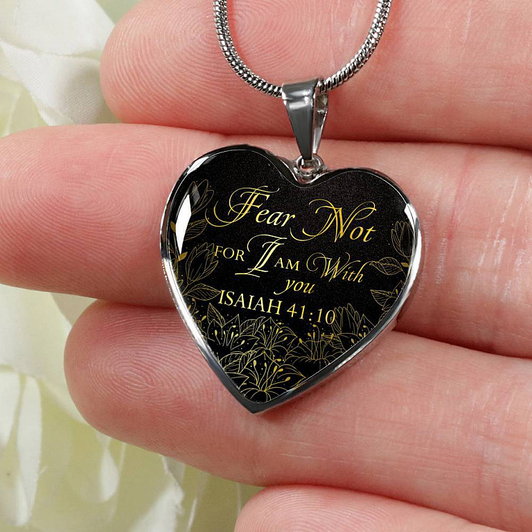 Fear Not For I Am With You Isaiah 41:10 Luxury Heart Pendant Necklace - Heart Luxury Necklace (Silver)