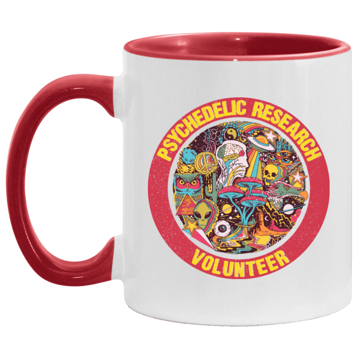 Pshychedelic Research Volunteer Accent Mug, White/Red, 11 oz. Accent Mug Pshychedelic Research Volunteer Accent Mug, White/Red, 11 oz. Accent Mug