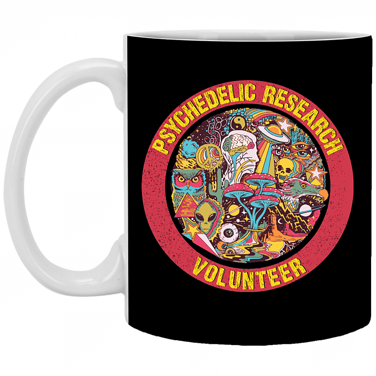 Pshychedelic Research Volunteer Ceramic Coffee Mug - Beer Stein - Water Bottle - Color Changing Mug, Black, 11 oz. White Mug