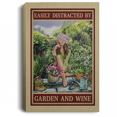 Easily Distracted By Garden and Wine Garden Girl Vintage Retro Framed Canvas - Unframed Poster, White, 0.75'' Framed Canvas