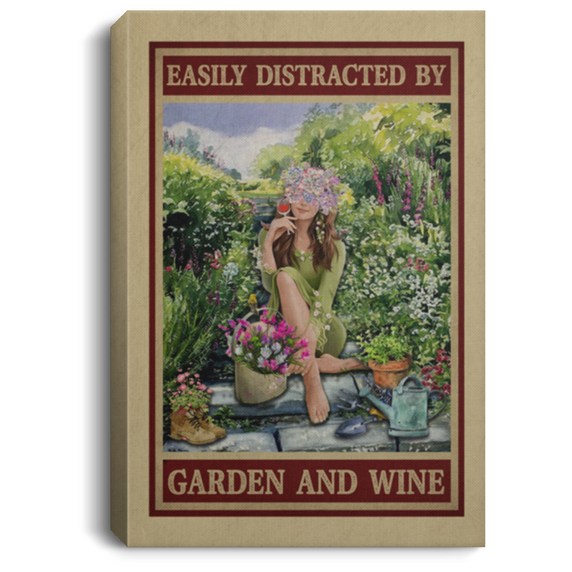 Easily Distracted By Garden and Wine Garden Girl Vintage Retro Framed Canvas - Unframed Poster, White, 0.75'' Framed Canvas Easily Distracted By Garden and Wine Garden Girl Vintage Retro Framed Canvas - Unframed Poster, White, 0.75'' Framed Canvas