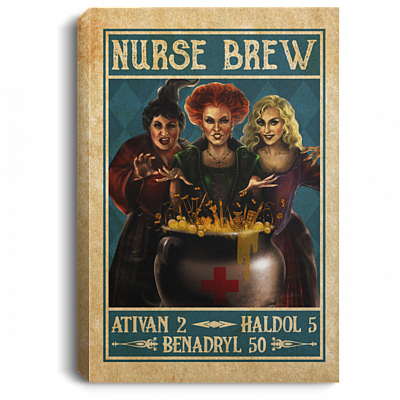 Halloween Nurse Brew Hocus Three Witches Vintage Retro Framed Canvas - Unframed Poster, White, 0.75'' Framed Canvas