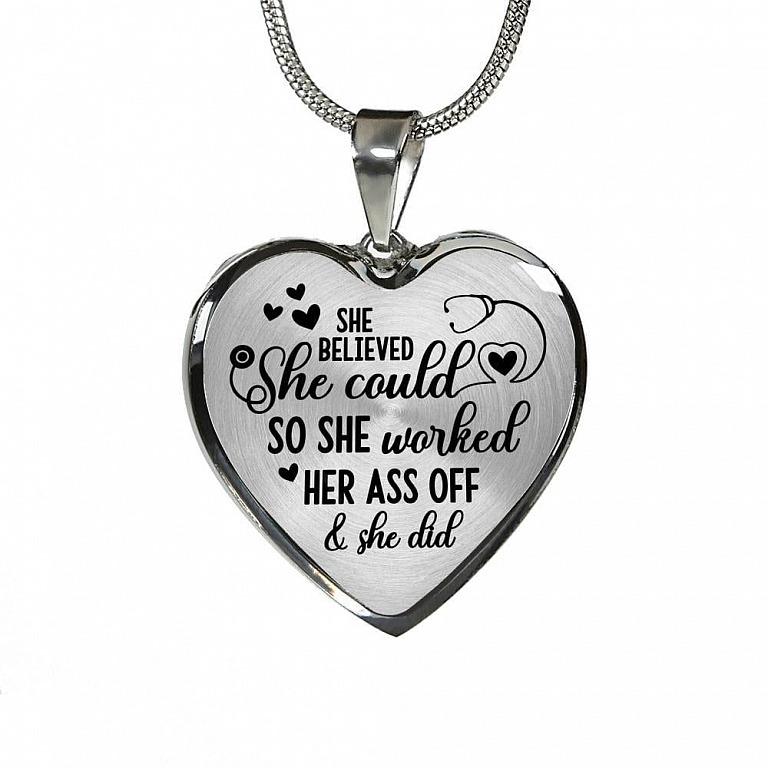 She Believed She Could So She Worked Her Ass Off and She Did Heart Pendant Necklace - Heart Luxury Necklace (Silver)