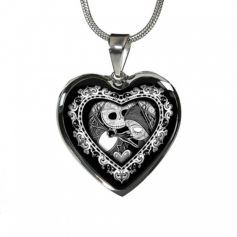Jack And Sally Heart Pendant Necklace - Skellington Gifts For Couple - Heart Luxury Necklace (Silver)