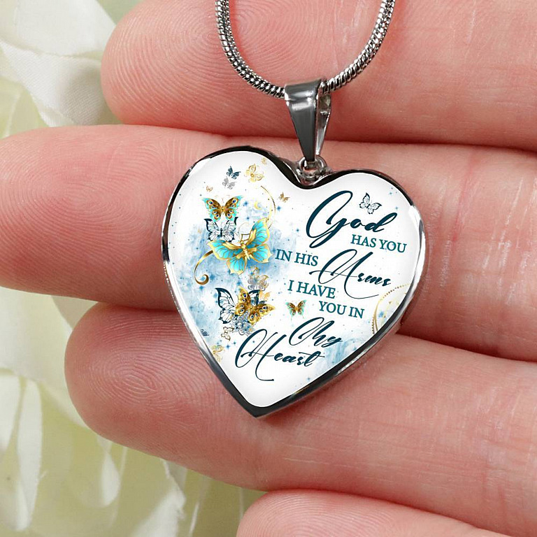 Butterfly God Has You In His Arms I Have You in My Heart Heart Pendant Necklace - Heart Luxury Necklace (Silver)