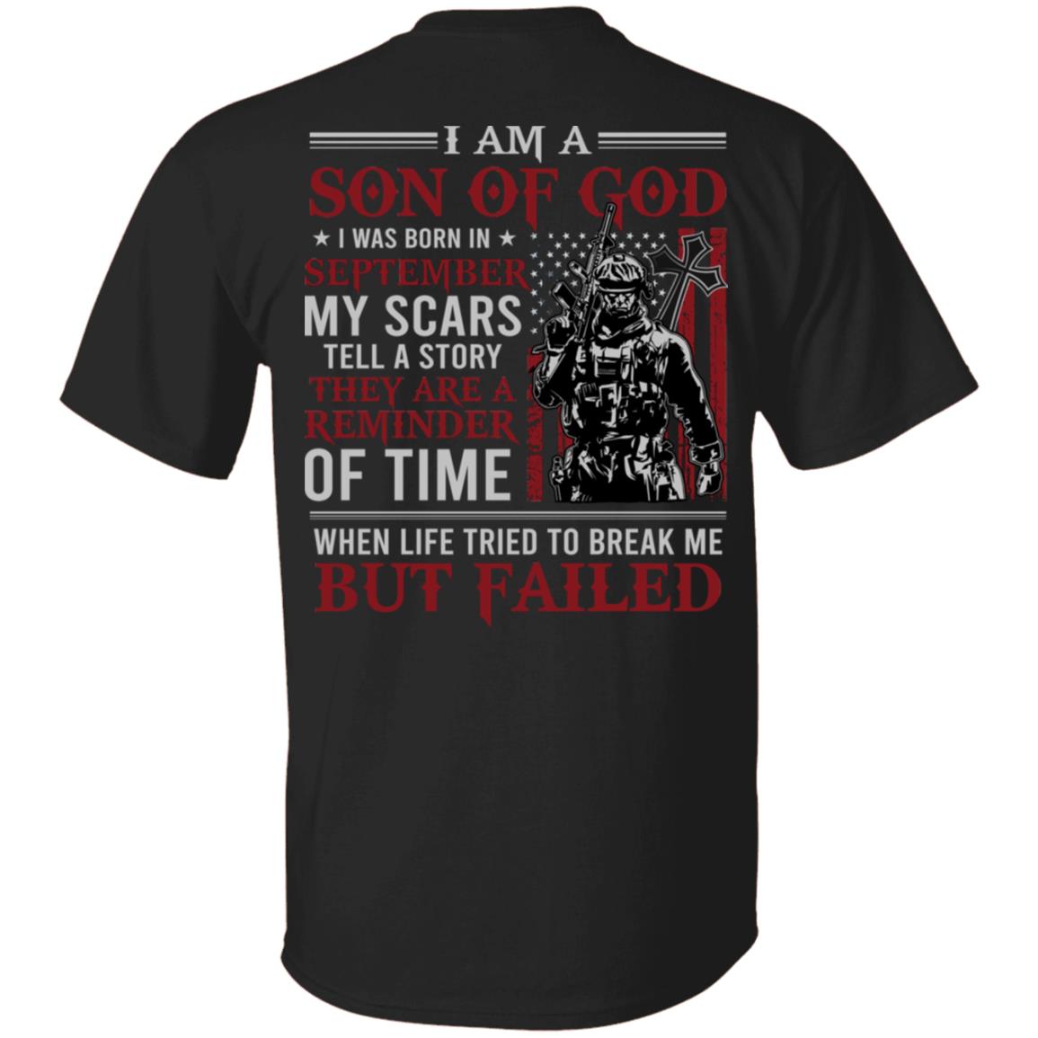September I Am A Son Of God American Flag Print On Back T-Shirt - American Soldier September Birthday Shirt, Black, Unisex T-Shirt